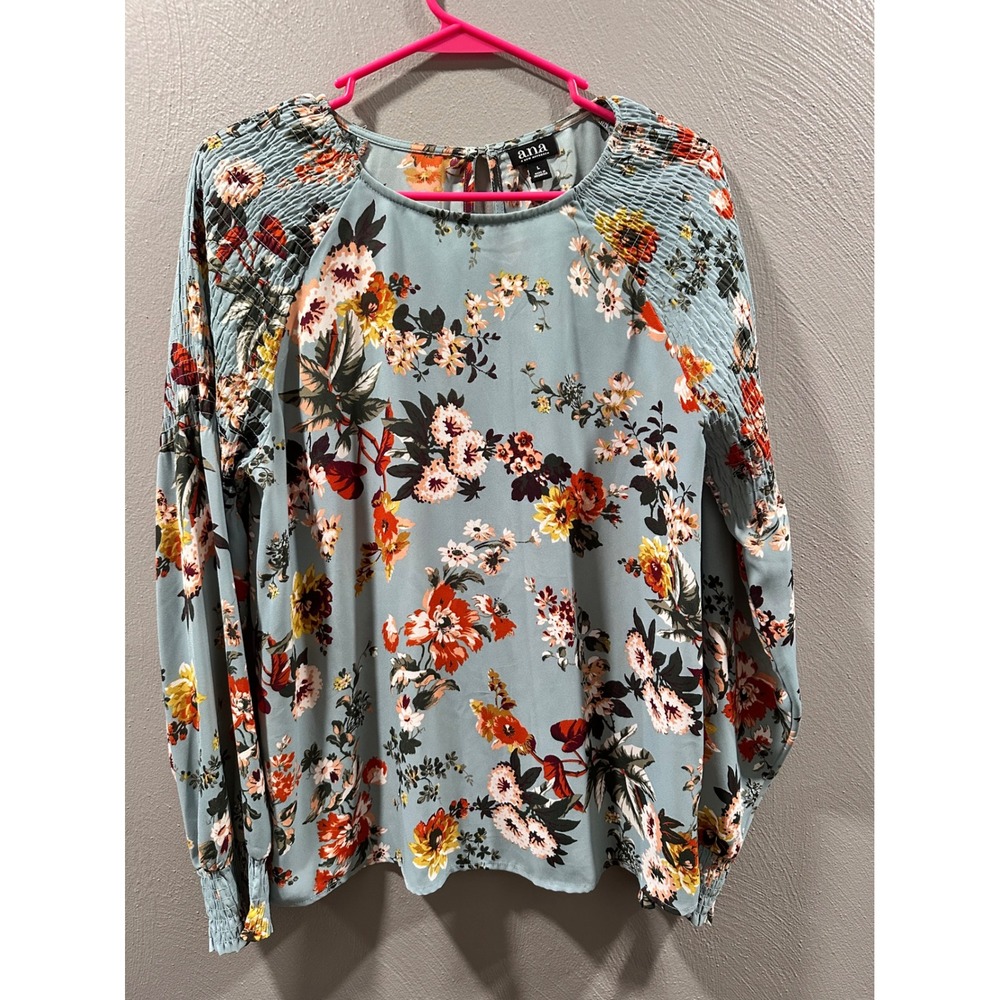 ANA A New Approach Womens Blue Floral Smocked Long Sleeve Blouse Large